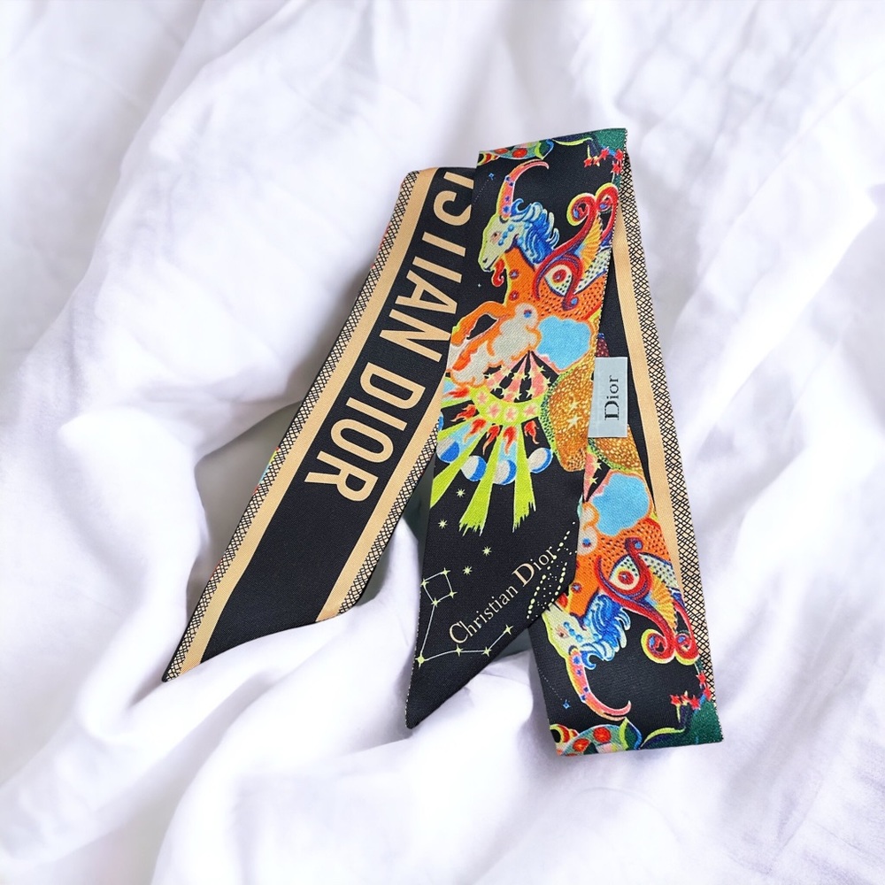 Dior two Black Multicolor Printed Silk Twilly with Gold Logo